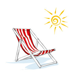 Beach chaise longue, umbrella and sun. Summer and relaxation by the sea. Vector illustration.