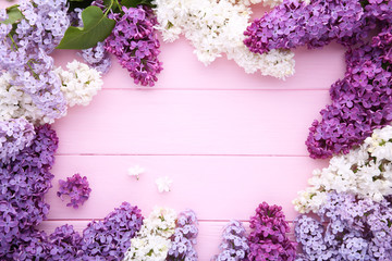 Lilac flowers branch on pink background with sample text, frame