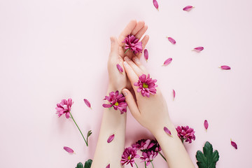 Close-up beautiful female hand with purpure flowers on pink background. Cosmetics for hands anti wrinkle.Top view, copy space