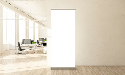 blank roll up banner in minimal office
