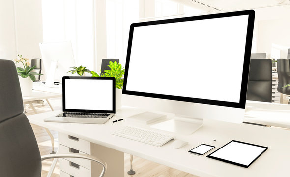 responsive devices in loft office mockup