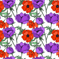 Anemone floral botanical flowers. Black and white engraved ink art. Seamless background pattern.