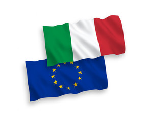 National vector fabric wave flags of Italy and European Union isolated on white background. 1 to 2 proportion.