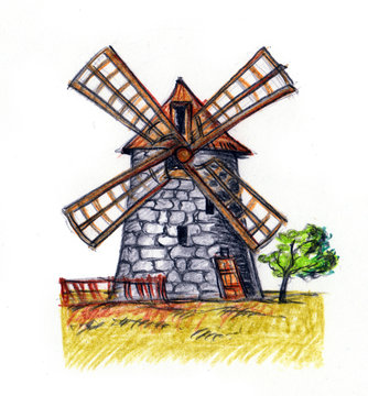 Dutch type windmill on white background, crayon drawing