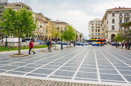 Editorial. April 2019. THESSALONIKI, GREECE. Square Archeas Agoras and a pedestrian street on a smartphone in Thessaloniki, Greece