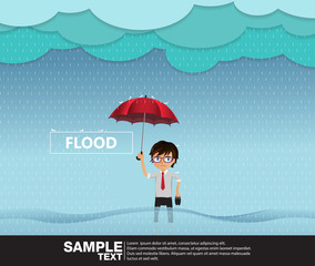 A flood rainy season, Man standing holding an umbrella in water.Vector Illustration