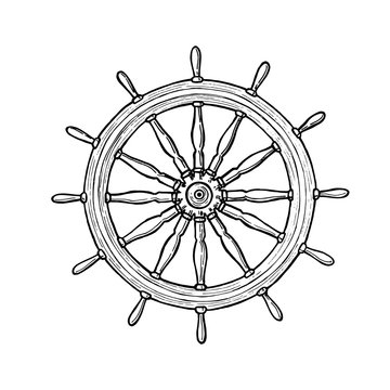 recommend clip art: Nautical black helm. Ship steering wheel ink pen sketch on isolated background with engraved elements. Hand drawn illustration.
