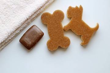 A brown soap bar, a beige towel and two washcloth in the form of a dog and a bone. Top view.