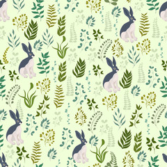 Fototapeta na wymiar Seamless vector pattern with a hare and plants on white background