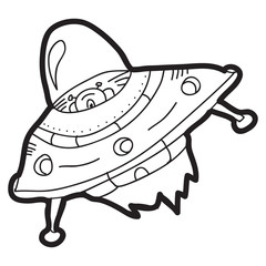 Cartoon doodle illustration of UFO flying saucer for coloring book, t-shirt print design, greeting card