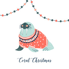 Funny Christmas Walrus in coral jacquard sweater. Underwater seasonal Xmas concept art. Merry Christmas arctic animal with decorative garland frame on dotty background wishes card.