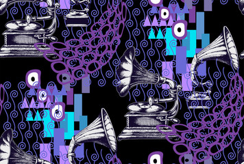 Gramophone. Seamless pattern. Suitable for fabric, wrapping paper, oilcloth and other home and designer products