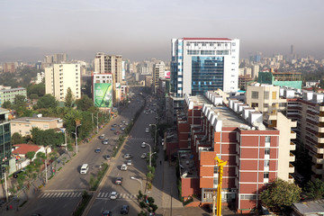 Addis Ababa, Ethiopia - 11 April 2019 : Busy street in the Ethiopian capital city of Addis Ababa.