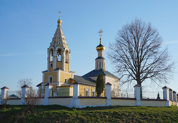 Church of the Nativity of the Virgin. Beautiful ortodox church in Gorodnya village, Tver Region, Russia. Early morning at spring