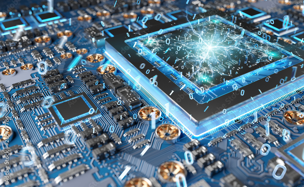 Fototapete close-up view of a modern gpu card with connections 3d rendering