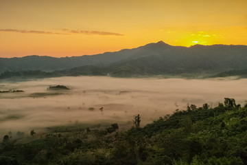 Mountain view morning sea of fog in valley around with forest and man hills with yellow sun light in the sky background, sunrise at Phu Langka Photo Corner View Point, Route 1148, Phayao, Thailand.