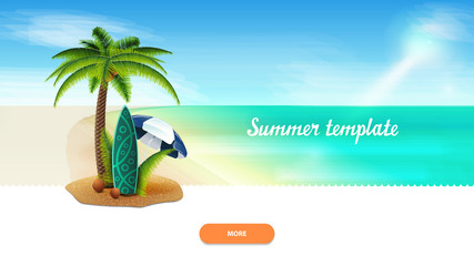 Summer template for your creativity with palm, coconuts, beach umbrella and surf Board