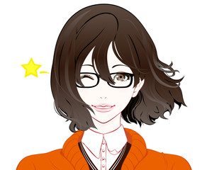 メガネをかけた秋服の女性 / ウインク / なびく髪