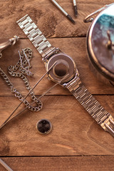 Antique wooden work table of a watchmaker.