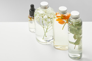 organic beauty products in transparent bottles with herbs, leaves and wildflowers on white table isolated on grey