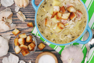 A bowl with traditional Czech garlic soup cesnecka