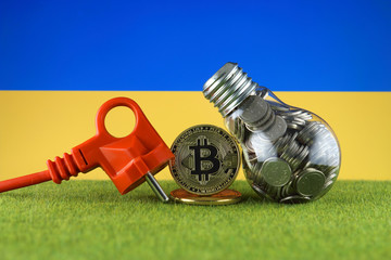 Bitcoin (BTC), green renewable energy concept, and Ukraine Flag. Electricity prices, energy saving in the cryptocurrency mining business.