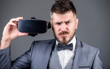Modern technologies. businessman in VR headset. Visual reality. Digital future and innovation. use...