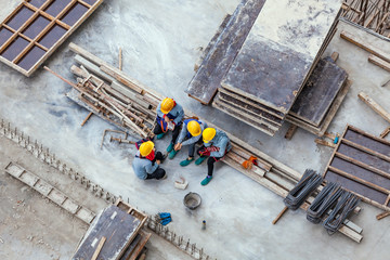 Construction workers are relaxing.Top view angle of the building construction site