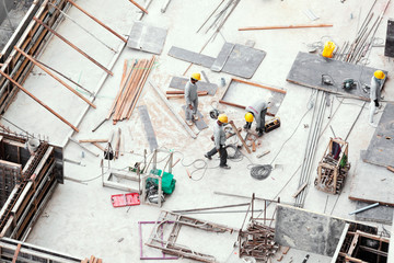 Construction workers are working.Top view angle of the building construction site