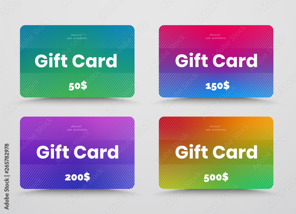 Poster Set of vector gift or discount cards with color soft gradients and diagonal white lines.