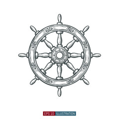Hand drawn ship wheel. Template for your design works. Engraved style vector illustration.