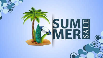 Summer sale, modern design of a discount banner for your site with palm, coconuts, beach umbrella and surf Board