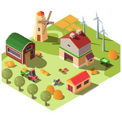 Farm or ranch yard with various outbuildings, garden, field, old windmill, modern wind turbines and forklift loading harvest products in tractor trailer isometric vector isolated on white background