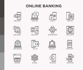 Online banking thin line icons set: deposit app, money safety, internet bank, contactless payment, credit card, online transaction, check balance, mobile support, blockchain. Vector illustration.