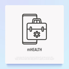 Telemedicine thin line icon: first-aid kit on screen of smartphone. Modern vector illustration of online medical consultant.