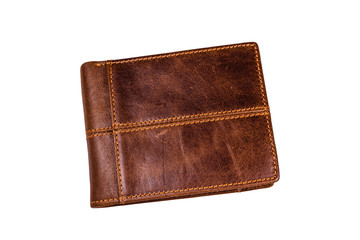 Closed brown leather wallet isolated on a white background