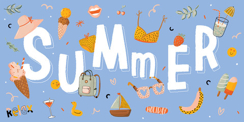 Summer print with cute holiday elements and lettering isolated on white background.  
