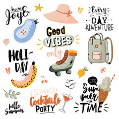 Summer print with cute holiday elements and lettering isolated on white background.  