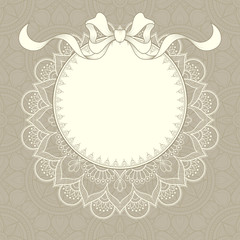 Vintage background with lace frame and ribbon for greeting card, invitation or announcement