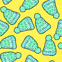 Christmas seamless pattern drawn by hand. Knitted blue hat on a yellow background. Happy New Year
