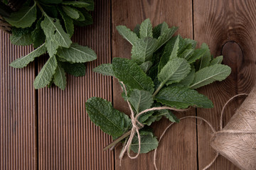 Close up mint leaves on wooden background. Summer drinks or dessert ingredient. Rustic style. Isolated flat lay mint