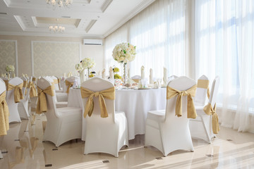 Banquet hall in classic style,  classic table in restaurant