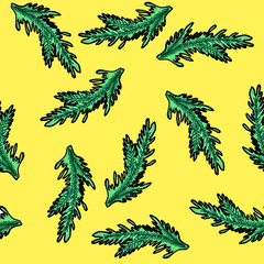 Christmas seamless pattern hand-drawn. Green branch of the Christmas tree on a yellow background.