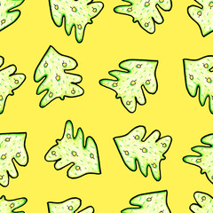 Christmas seamless pattern drawn by hand. Christmas tree on a yellow background .New year.