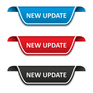 New update tag label set. Attention ribbon badge. Vector illustration