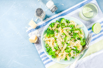 Pasta, green, vegetable, fusilli, Vegan, veggie, diet, healthy, salad, pea, broccoli, cheese, parmesan, delicious, spaghetti, closeup, mediterranean, go, concept, bowl, gourmet, fava, beans, plate, wh