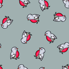 Christmas seamless pattern drawn by hand. Bullfinch on a grey background .New year.
