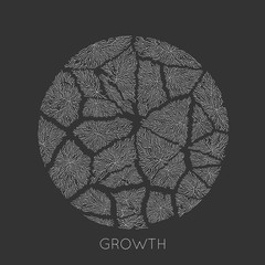 Vector generative branch growth pattern. Round cracked texture. Lichen like organic structure with veins. Monocrome round biological net of vessels.