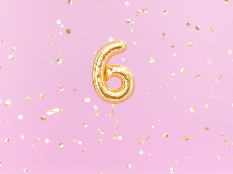 Six year birthday. Number 6 flying foil balloon on pink. Six-year anniversary gold confetti background. 3d rendering