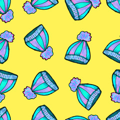 Christmas seamless pattern drawn by hand. Blue knitted hat on a yellow background. Happy new year